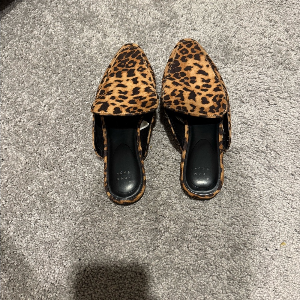 A New Day Brown and Black Mules with Leopard Print